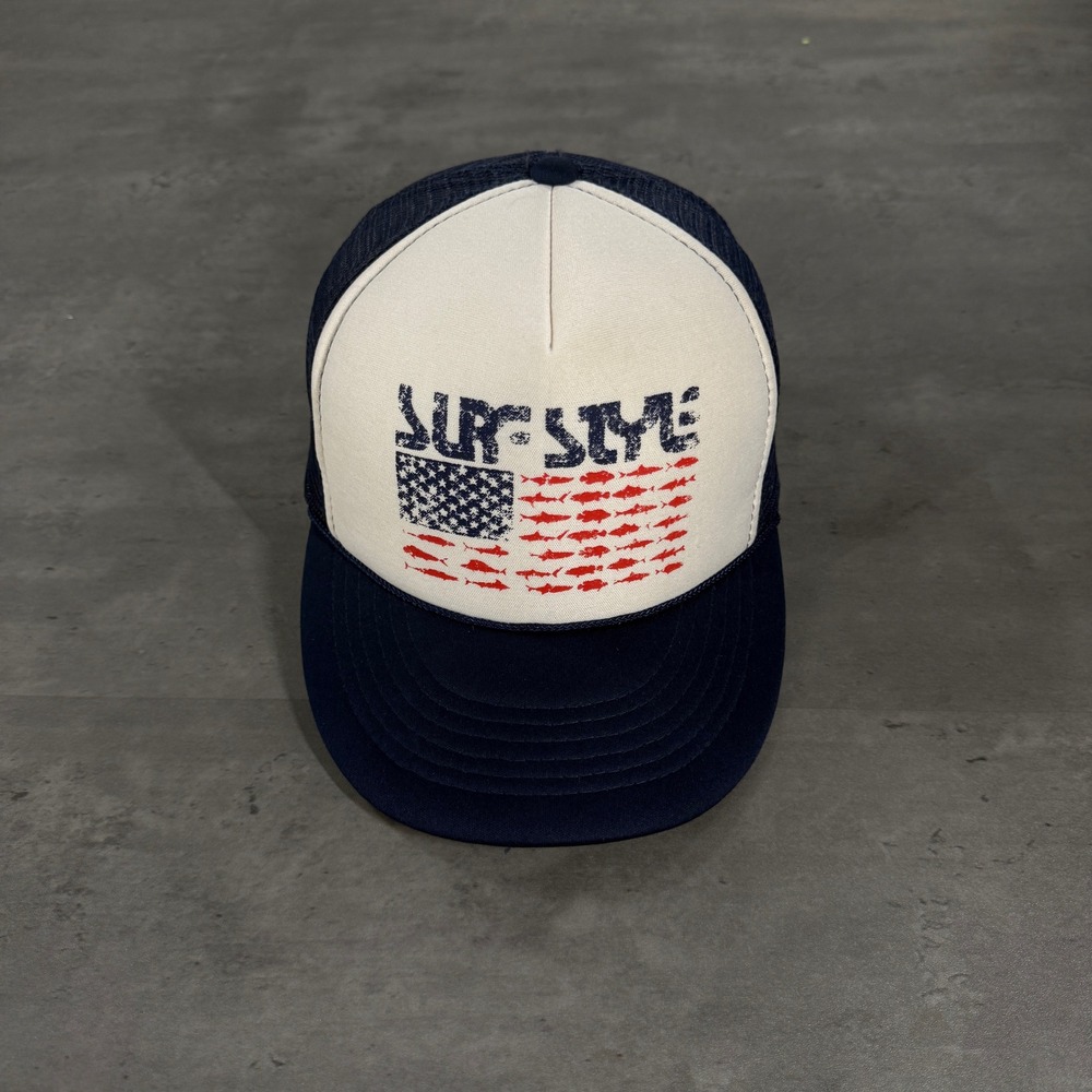 Vintage Surf Style Snapback Trucker Hat‎ Mens Navy Fish American Flag Mesh Cap